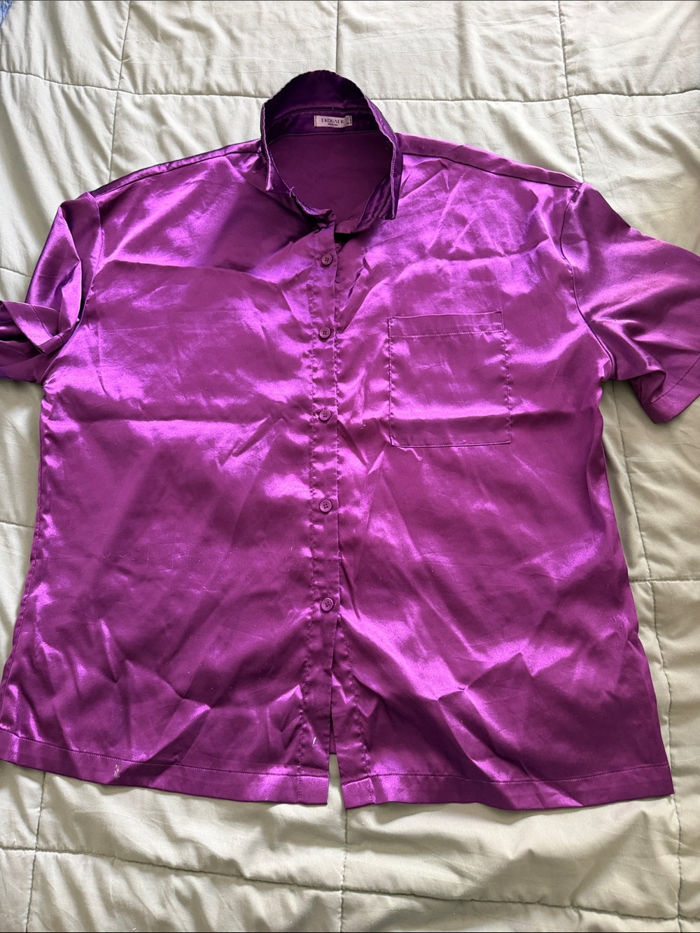 Short-Sleeve Satin Pajama Top in Purple by